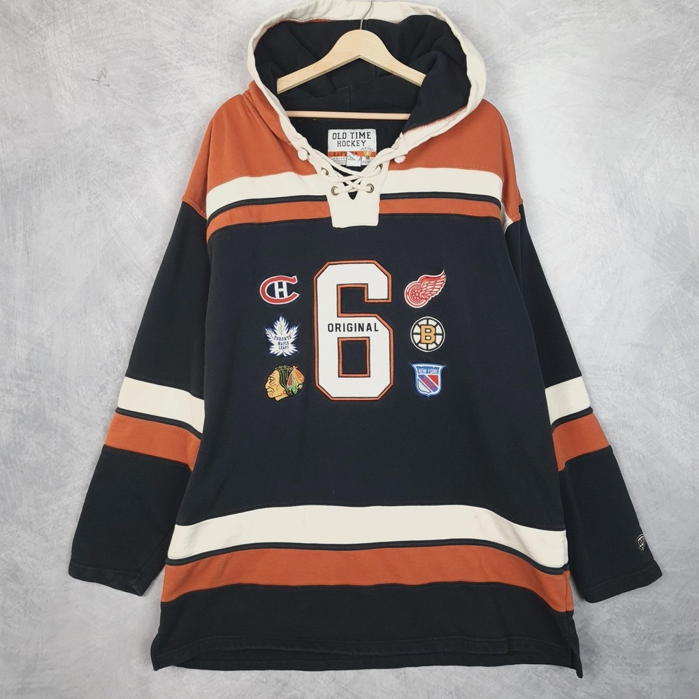 Original Six Hoodie Mens XL Black NHL Hockey Old Time Hockey Sweatshirt Lace Up